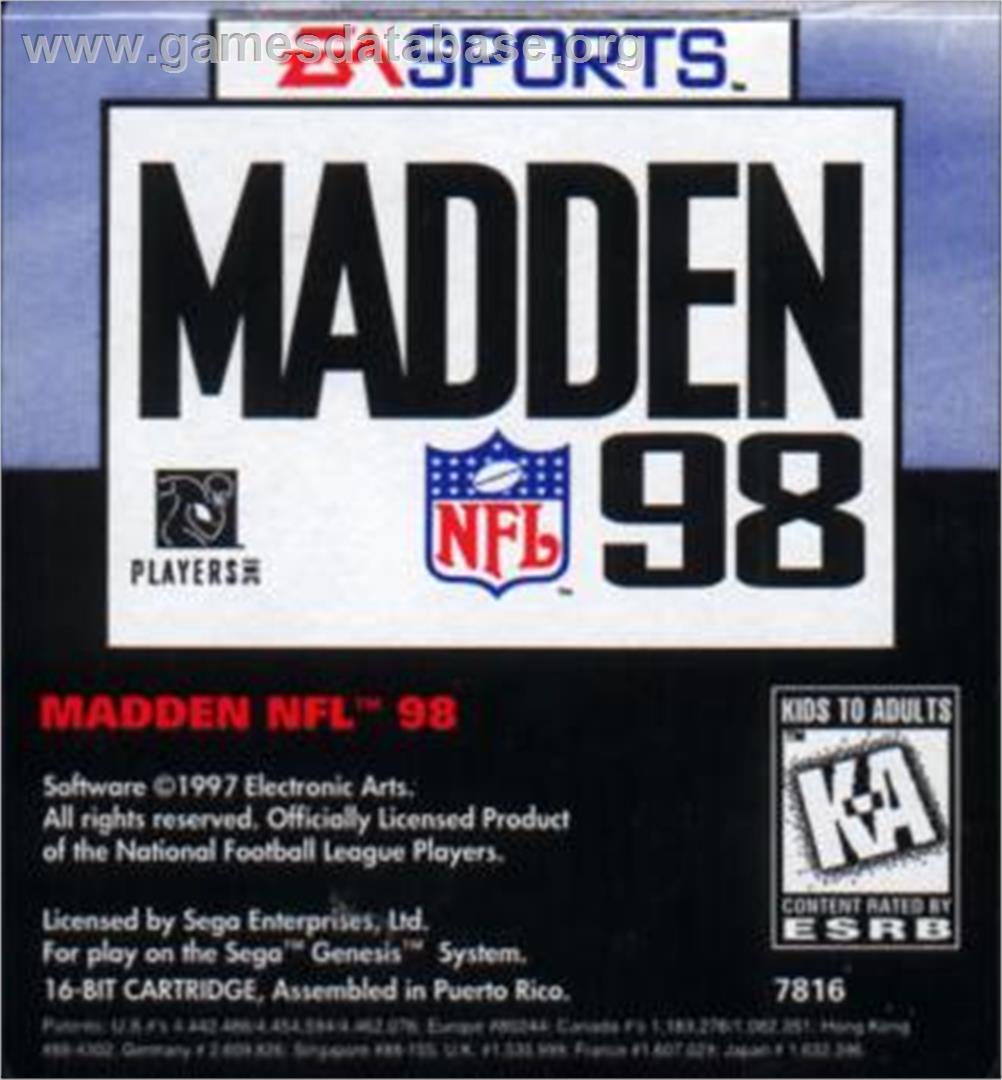 Madden NFL '98 - Sega Nomad - Artwork - Cartridge