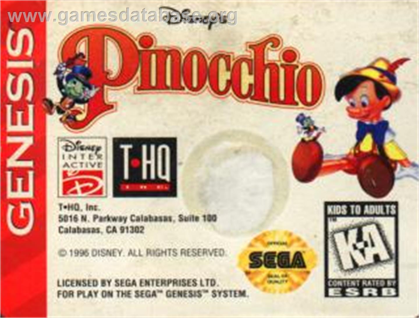 Pinocchio - Sega Nomad - Artwork - Cartridge