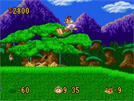 In game image of Bubsy in: Claws Encounters of the Furred Kind on the Sega Nomad.