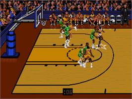 In game image of Bulls vs. Lakers and the NBA Playoffs on the Sega Nomad.