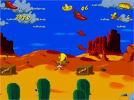 In game image of Cheese Cat-Astrophe starring Speedy Gonzales on the Sega Nomad.