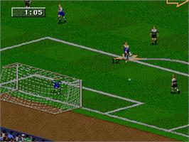 In game image of FIFA 98: Road to World Cup on the Sega Nomad.