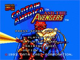Title screen of Captain America and The Avengers on the Sega Nomad.