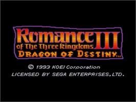 Title screen of Romance of the Three Kingdoms III: Dragon of Destiny on the Sega Nomad.