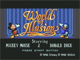 Title screen of World of Illusion starring Mickey Mouse and Donald Duck on the Sega Nomad.