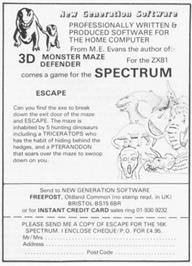 Advert for Escape on the Sinclair ZX Spectrum.