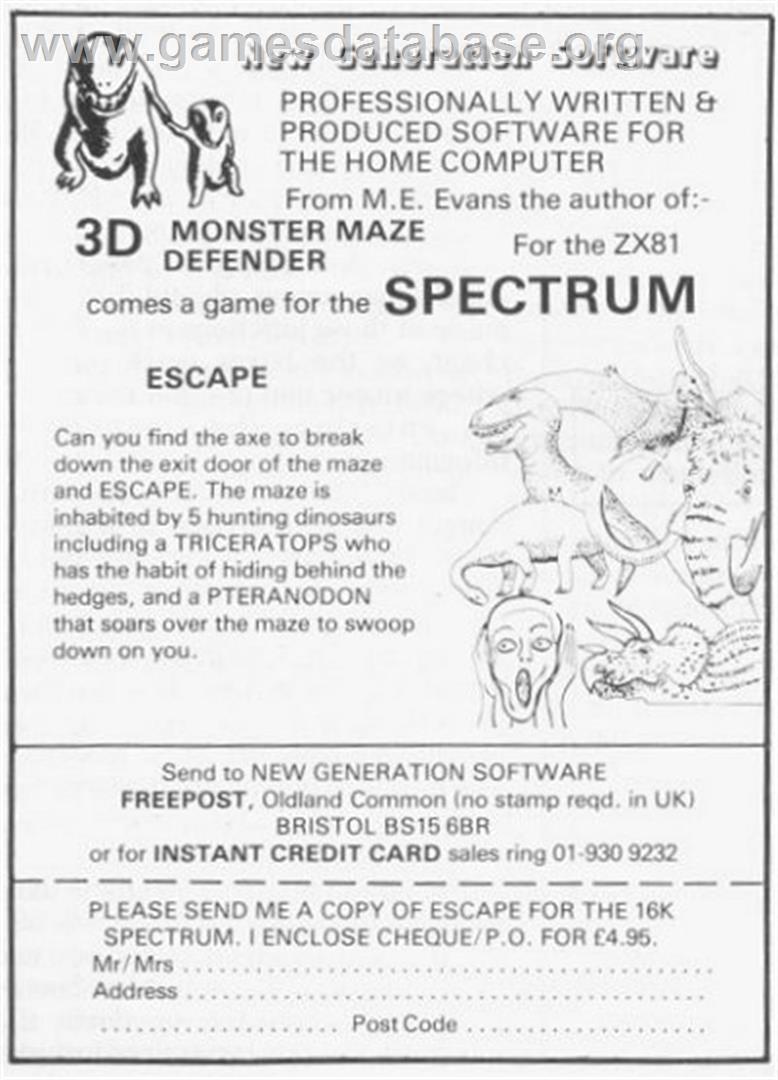 Escape - Sinclair ZX Spectrum - Artwork - Advert