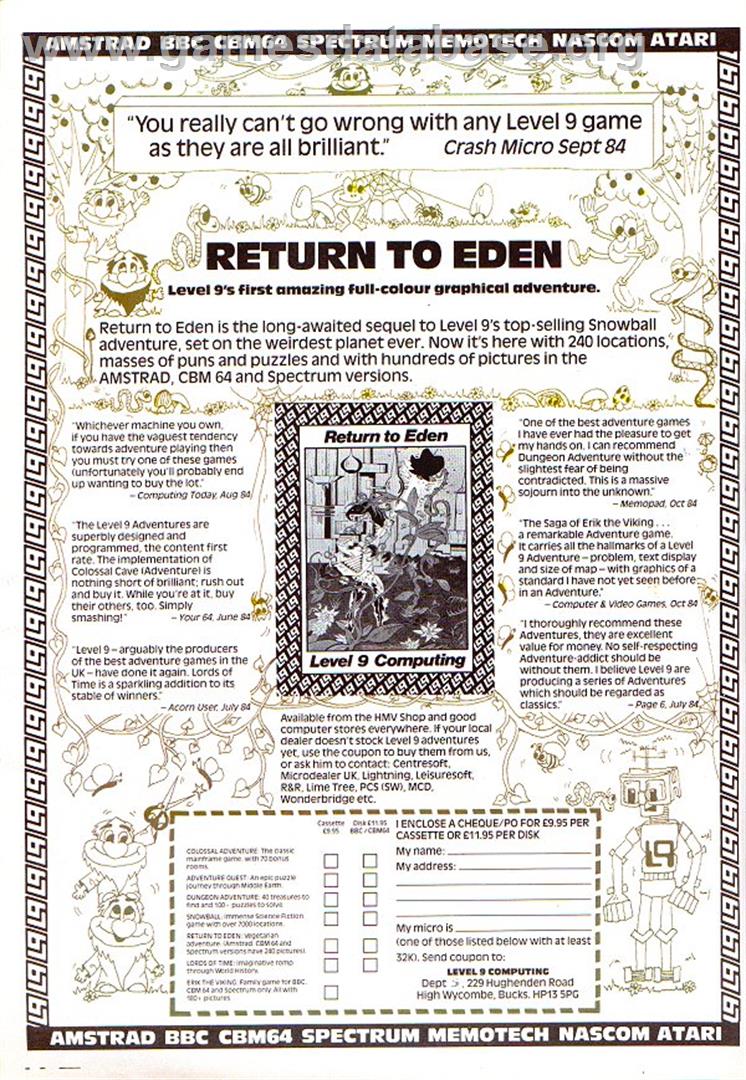Return to Eden - Sinclair ZX Spectrum - Artwork - Advert