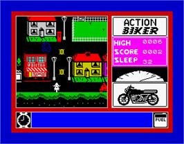 In game image of Action Biker on the Sinclair ZX Spectrum.