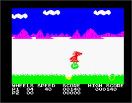 In game image of BC's Quest for Tires on the Sinclair ZX Spectrum.