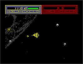 In game image of Blasteroids on the Sinclair ZX Spectrum.