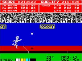 In game image of Daley Thompson's Decathlon on the Sinclair ZX Spectrum.