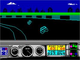 In game image of Days of Thunder on the Sinclair ZX Spectrum.