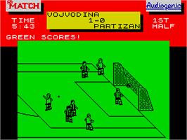 In game image of Emlyn Hughes International Soccer on the Sinclair ZX Spectrum.