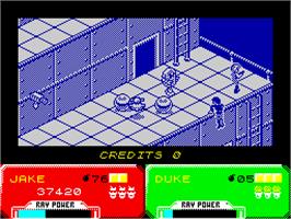 In game image of Escape from the Planet of the Robot Monsters on the Sinclair ZX Spectrum.