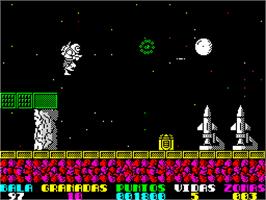In game image of Exolon on the Sinclair ZX Spectrum.