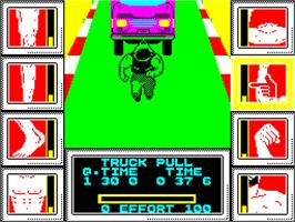 In game image of Geoff Capes Strongman on the Sinclair ZX Spectrum.