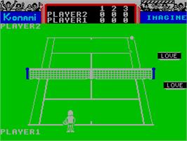 In game image of Konami's Tennis on the Sinclair ZX Spectrum.