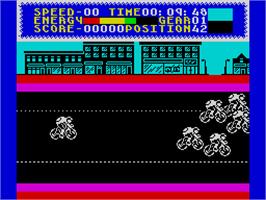 In game image of Milk Race on the Sinclair ZX Spectrum.