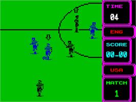 In game image of Rick Davis' World Trophy Soccer on the Sinclair ZX Spectrum.