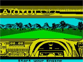 In game image of Toyota Celica GT Rally on the Sinclair ZX Spectrum.