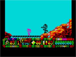 In game image of Turrican II: The Final Fight on the Sinclair ZX Spectrum.