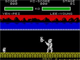 In game image of Yie Ar Kung-Fu 2: The Emperor Yie-Gah on the Sinclair ZX Spectrum.