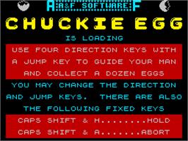 Title screen of Chuckie Egg on the Sinclair ZX Spectrum.