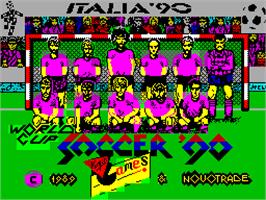 Title screen of Rick Davis' World Trophy Soccer on the Sinclair ZX Spectrum.