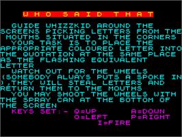 Title screen of Who Said That? on the Sinclair ZX Spectrum.