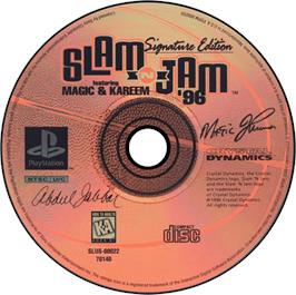 Artwork on the Disc for Slam 'N Jam '96 featuring Magic and Kareem on the Sony Playstation.