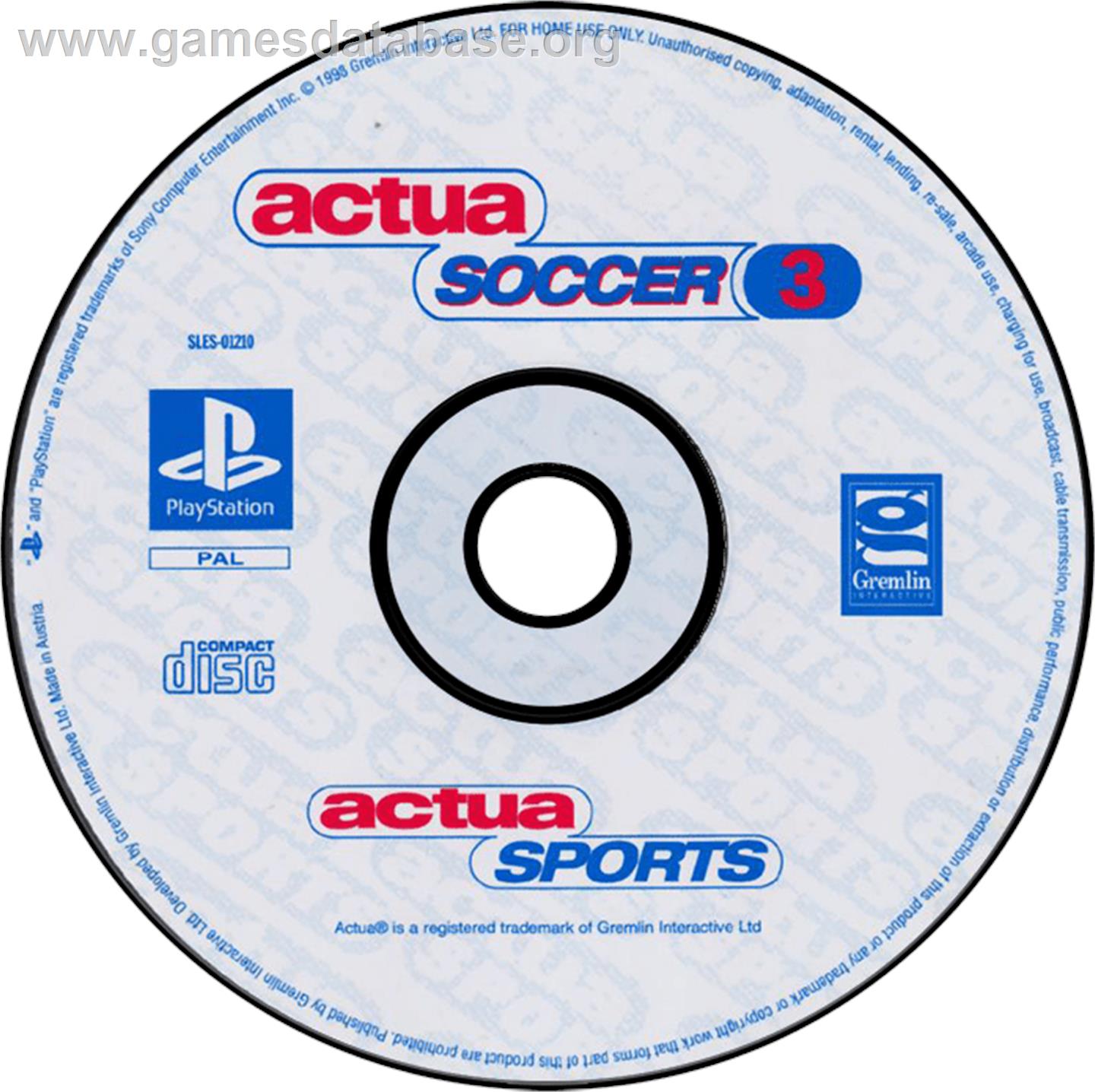 Actua Soccer 3 - Sony Playstation - Artwork - Disc