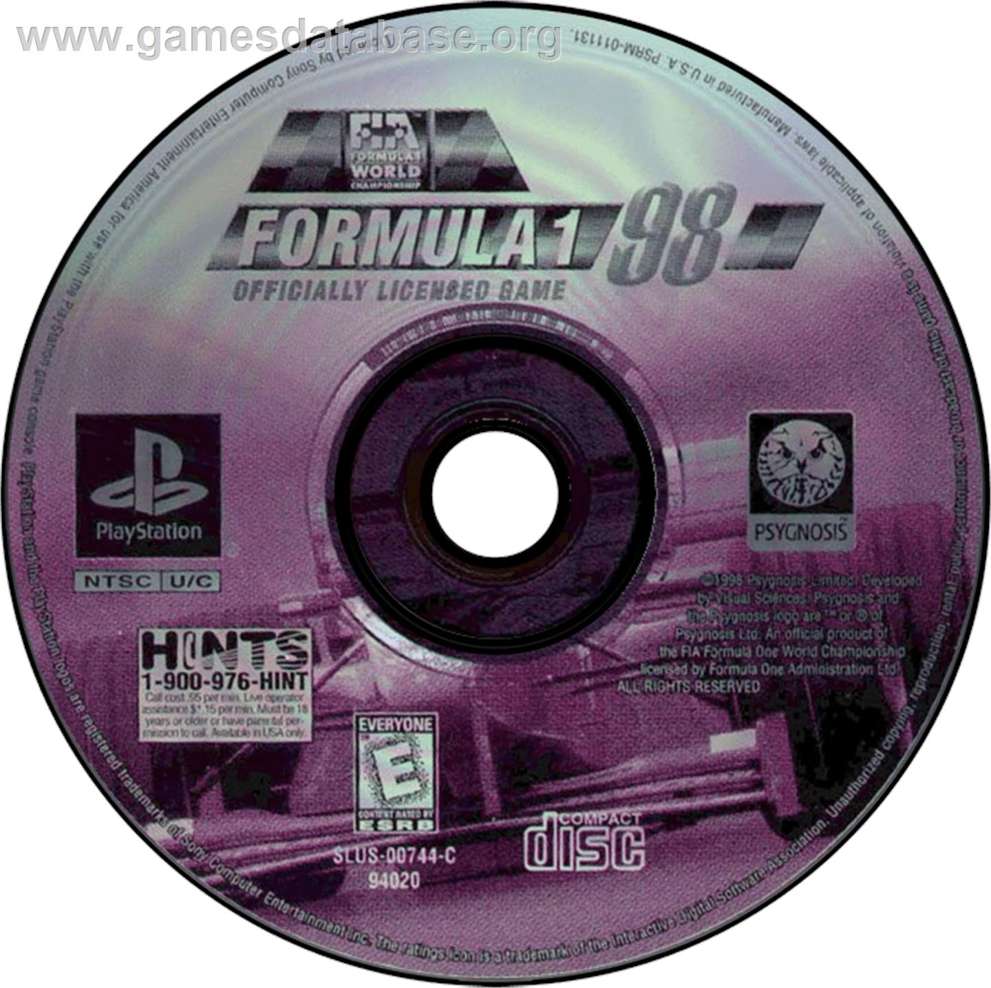 Formula 1 '98 - Sony Playstation - Artwork - Disc