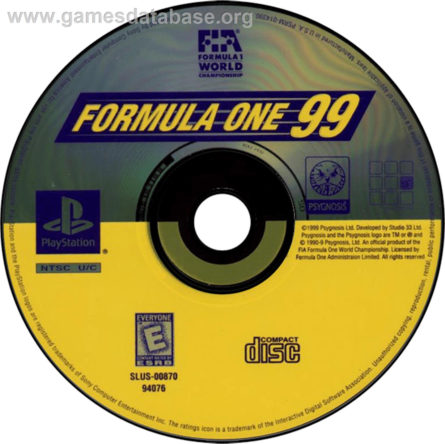 Formula One 99 - Sony Playstation - Artwork - Disc