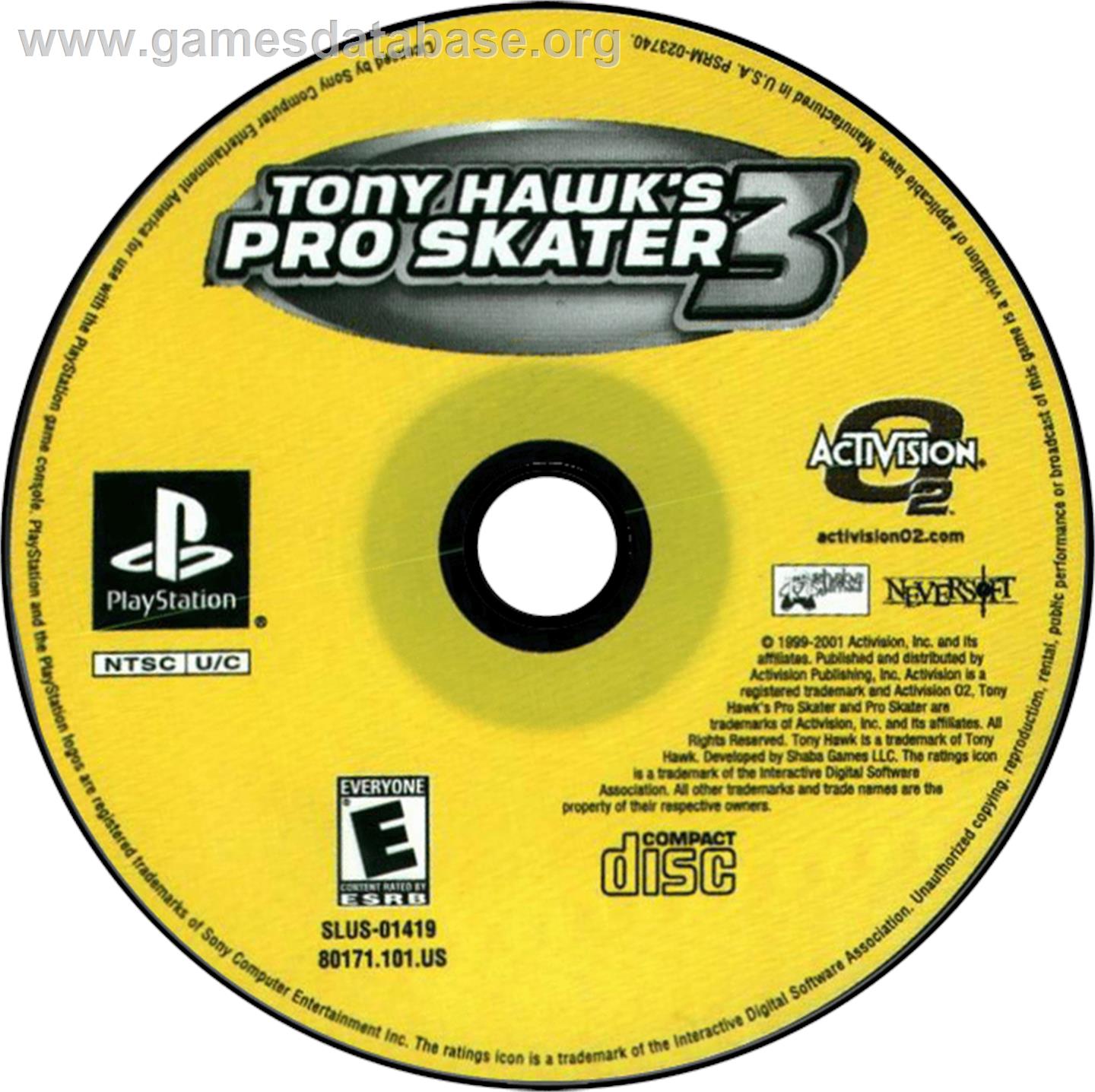 Tony Hawk's Pro Skater 3 - Sony Playstation - Artwork - Disc