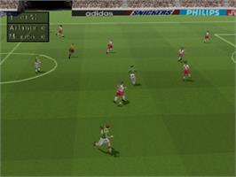In game image of FIFA 98: Road to World Cup on the Sony Playstation.