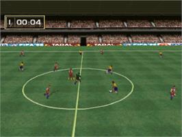 In game image of FIFA Soccer 96 on the Sony Playstation.
