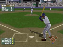 In game image of Frank Thomas Big Hurt Baseball on the Sony Playstation.