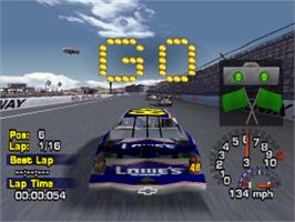 In game image of NASCAR Thunder 2004 on the Sony Playstation.