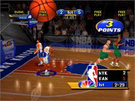 In game image of NBA Showtime: NBA on NBC on the Sony Playstation.