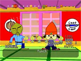In game image of PaRappa the Rapper on the Sony Playstation.
