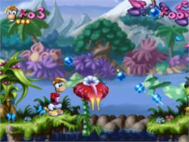 In game image of Rayman on the Sony Playstation.