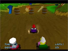 In game image of Smurf Racer on the Sony Playstation.