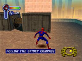 In game image of Spider-Man on the Sony Playstation.