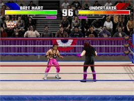 In game image of WWF Wrestlemania: The Arcade Game on the Sony Playstation.