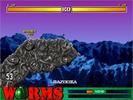 In game image of Worms on the Sony Playstation.