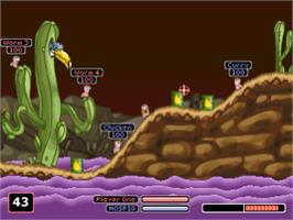 In game image of Worms Armageddon on the Sony Playstation.