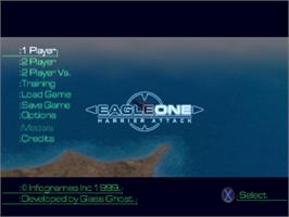 Title screen of Eagle One: Harrier Attack on the Sony Playstation.