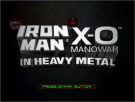 Title screen of Iron Man / X-O Manowar in Heavy Metal on the Sony Playstation.