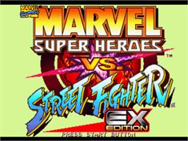 Title screen of Marvel Super Heroes Vs. Street Fighter on the Sony Playstation.